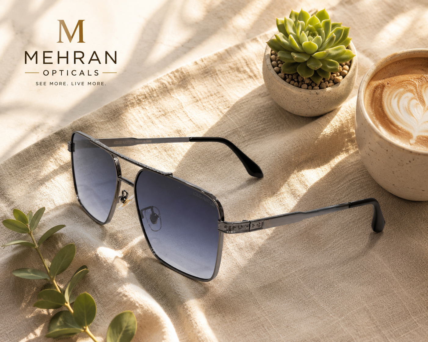 Louis Vuitton Style Luxury Gunmetal Square Aviator Sunglasses for Men