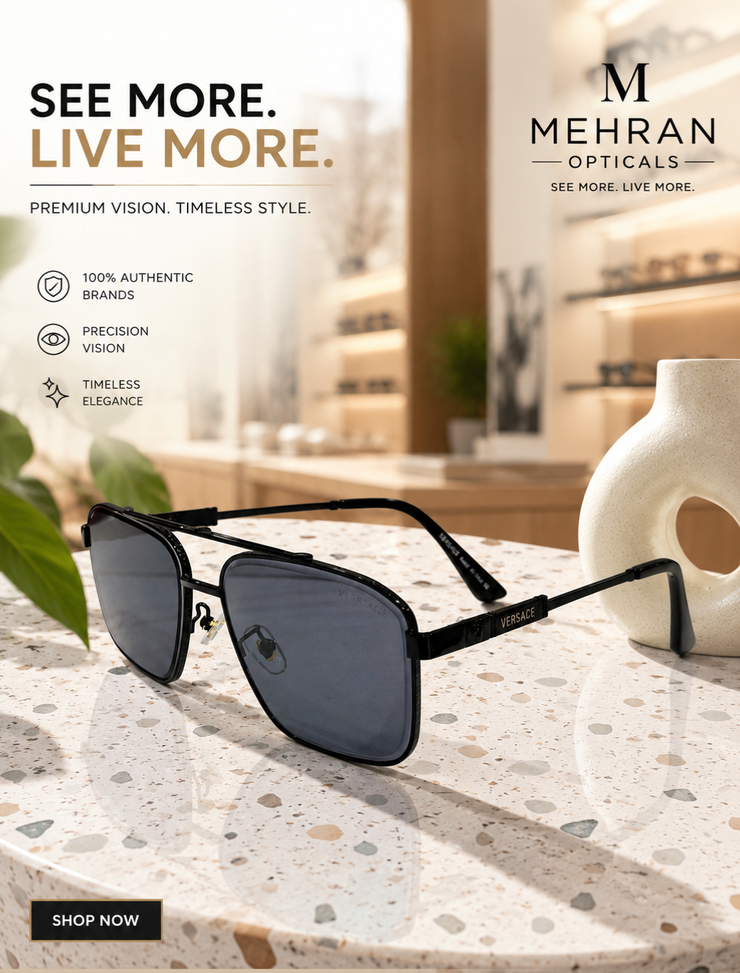 Versace Style Executive Matte Black Square Sunglasses for Men