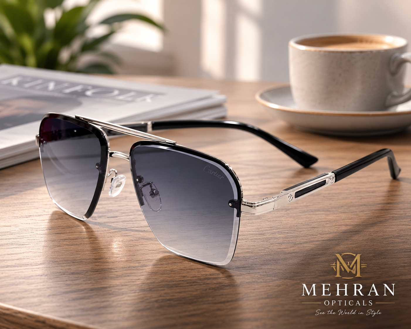 Cartier Style Premium Silver & Black Aviator Sunglasses for Men