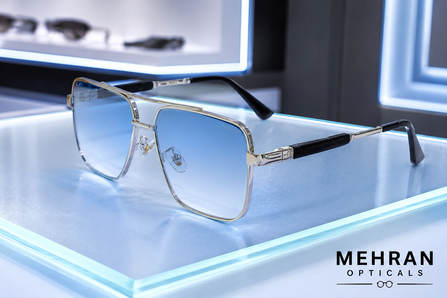 Cartier Style Silver & Blue Gradient Square Aviator Sunglasses for Men
