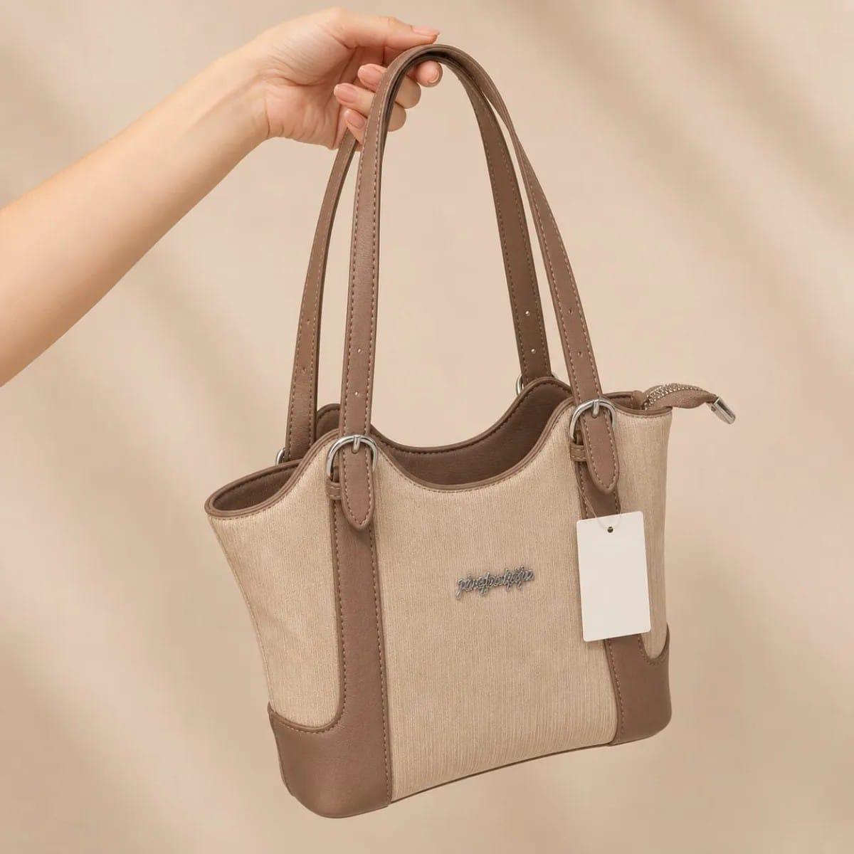 Imported Casual Ladies Shoulder Bag – Dual Tone Canvas & Leatherette Tote Bag for Women
