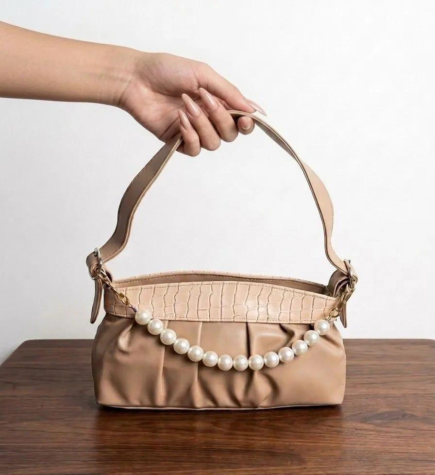 Luxury Pearl Handle Shoulder Bag for Girls & Women – Korean Style Croc Textured Handbag
