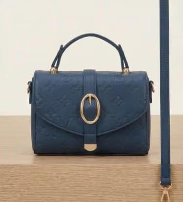 Navy Blue Embossed Ladies Handbag – Premium Monogrammed Top Handle & Crossbody Purse
