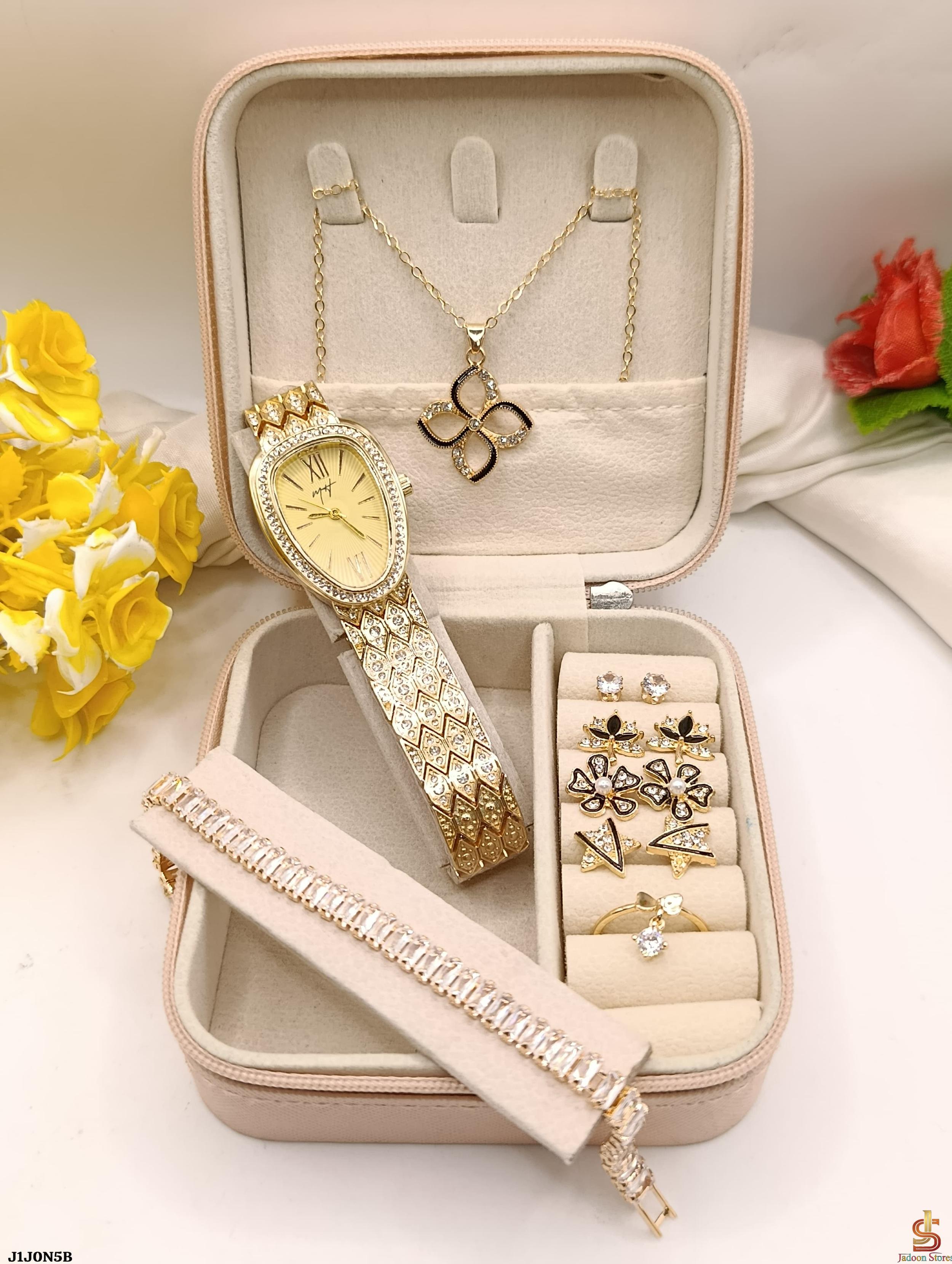 ✨ 9PC MH Watch Gift Box for Her  🎁 Beautiful Gift Set Includes:  ⌚ Zircon Jewelry Watch 📿 China Necklace 💎 4 Pairs of Earrings ✨ Tapper Bracelet 💍 Adjustable Single Stone Bow Ring 🎁