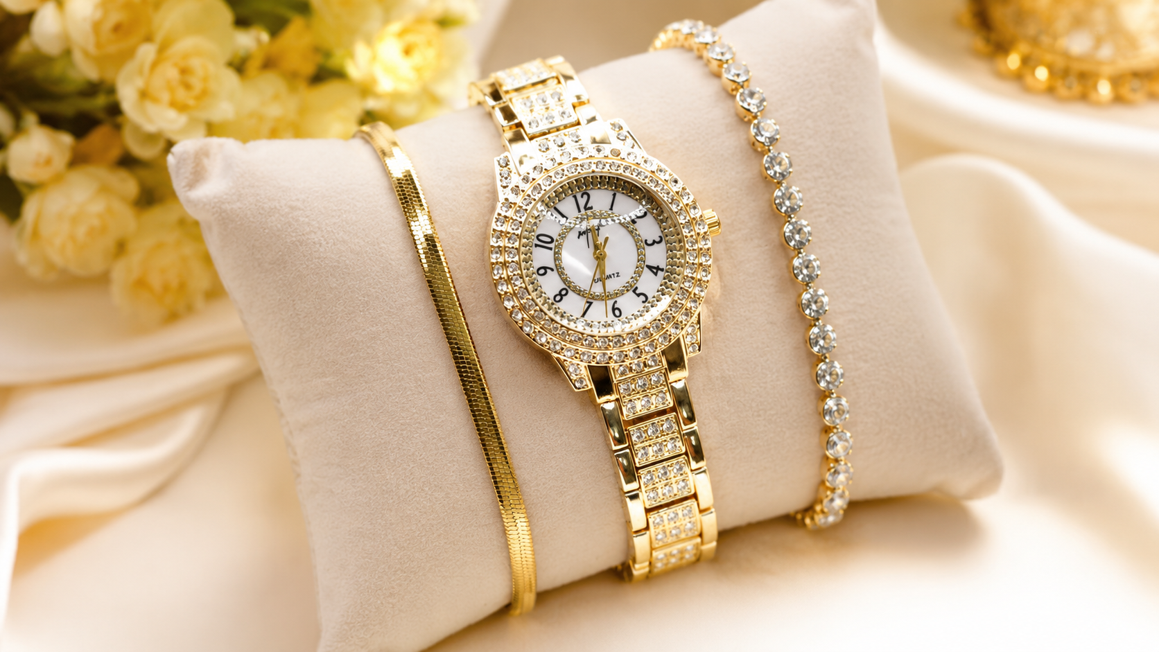 Premium Iced-Out Gold Watch Set for Women with 2 Matching Bracelets
