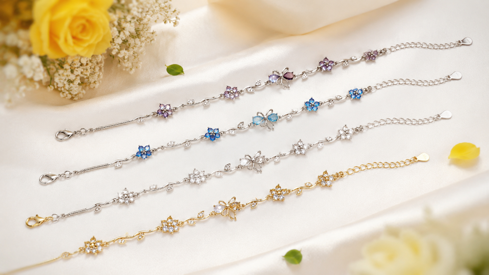 Fancy Diamond Bow & Floral Vine Bracelet for Women – Viral Aesthetic Adjustable Bracelet