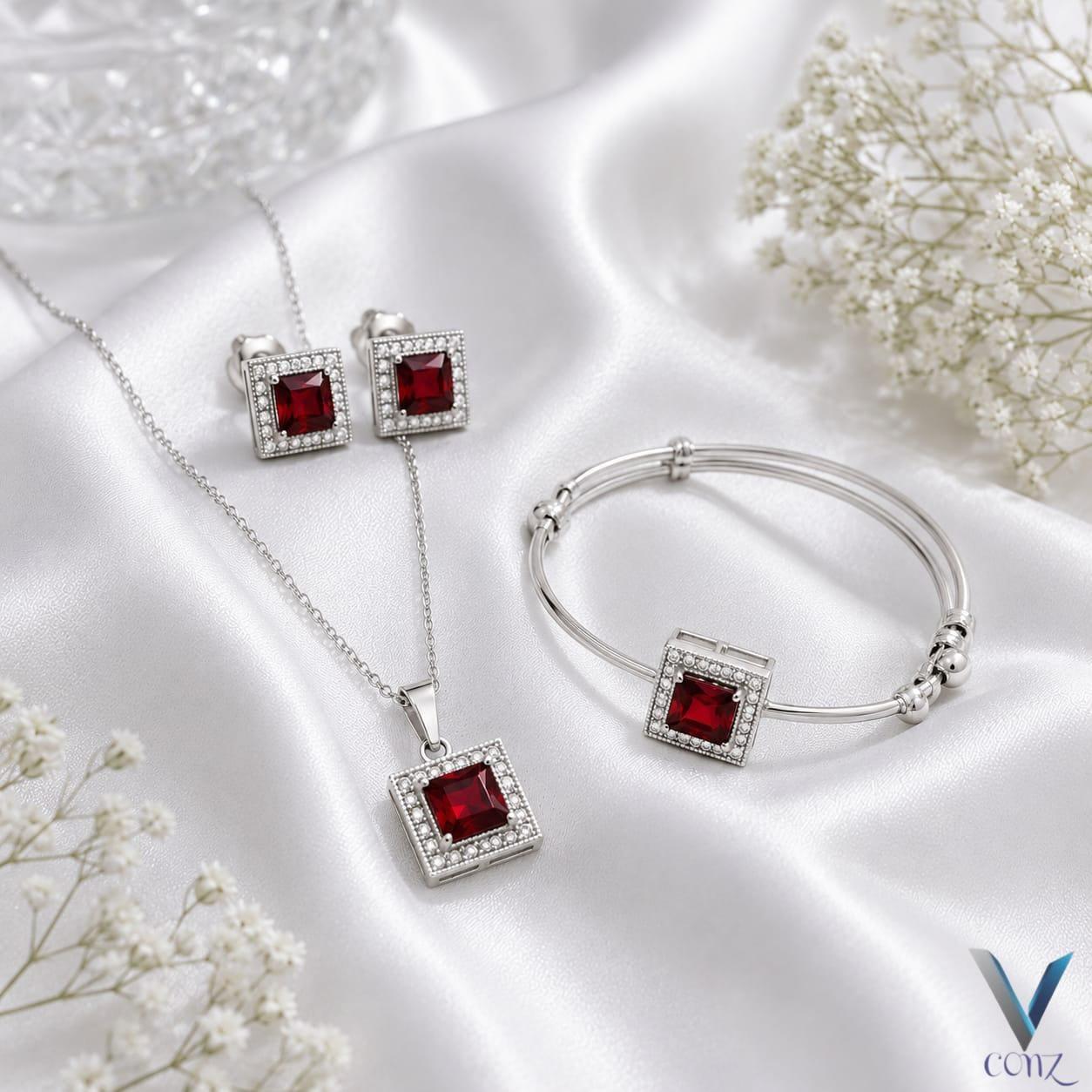 Fancy Silver Plated Zircon Locket Set with Bangle & Earrings for Women